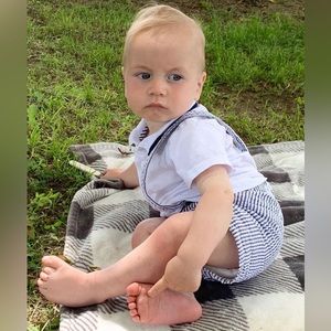 Seer sucker short overall and hat set. 2 pieces included. Shirt sold separately